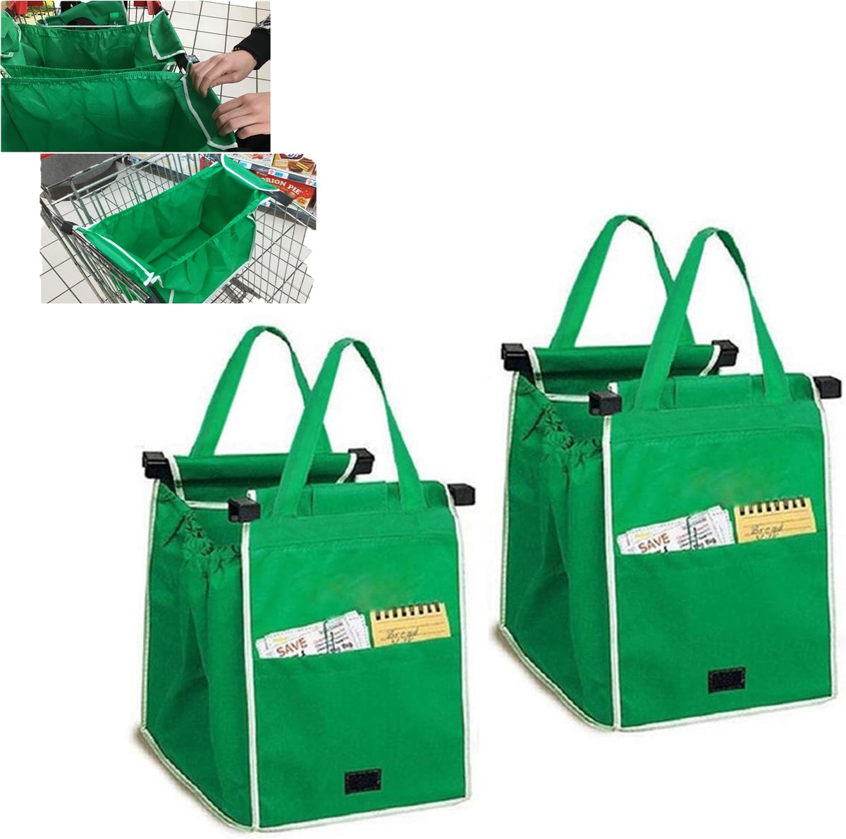 KZQ 2-pack herbruikbare boodschappentrolley tassen - Inklapbare boodschappentas met handvatten en clips - Geschikt voor winkelwagentjes en dagelijks gebruik - Groen