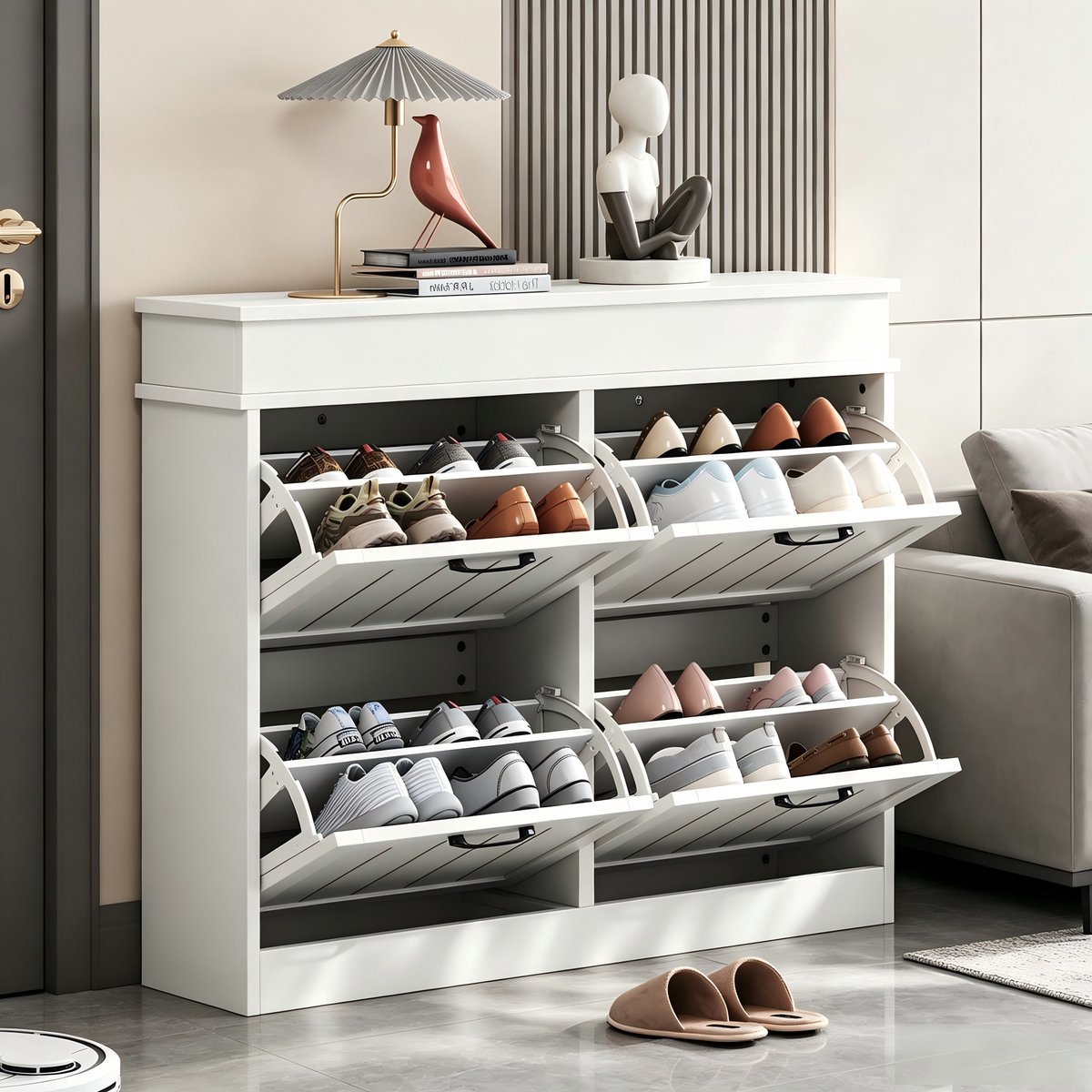 HAUSS SPOLE Schoenenkast - Moderne Kast Met 4 Klepdeuren En 8 Vakken - Voor Hal En Woonkamer - MDF - 105x24x83 Cm - Wit