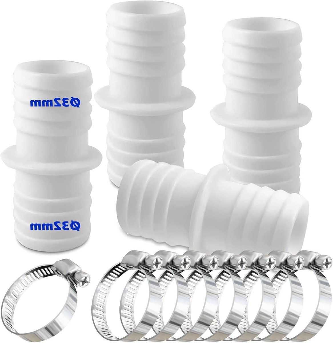 Set van 4 Slangconnectoren 32 mm met 8 Slangklemmen voor Zwembadslangen, Slangadapter en Dubbele Slanguitloop