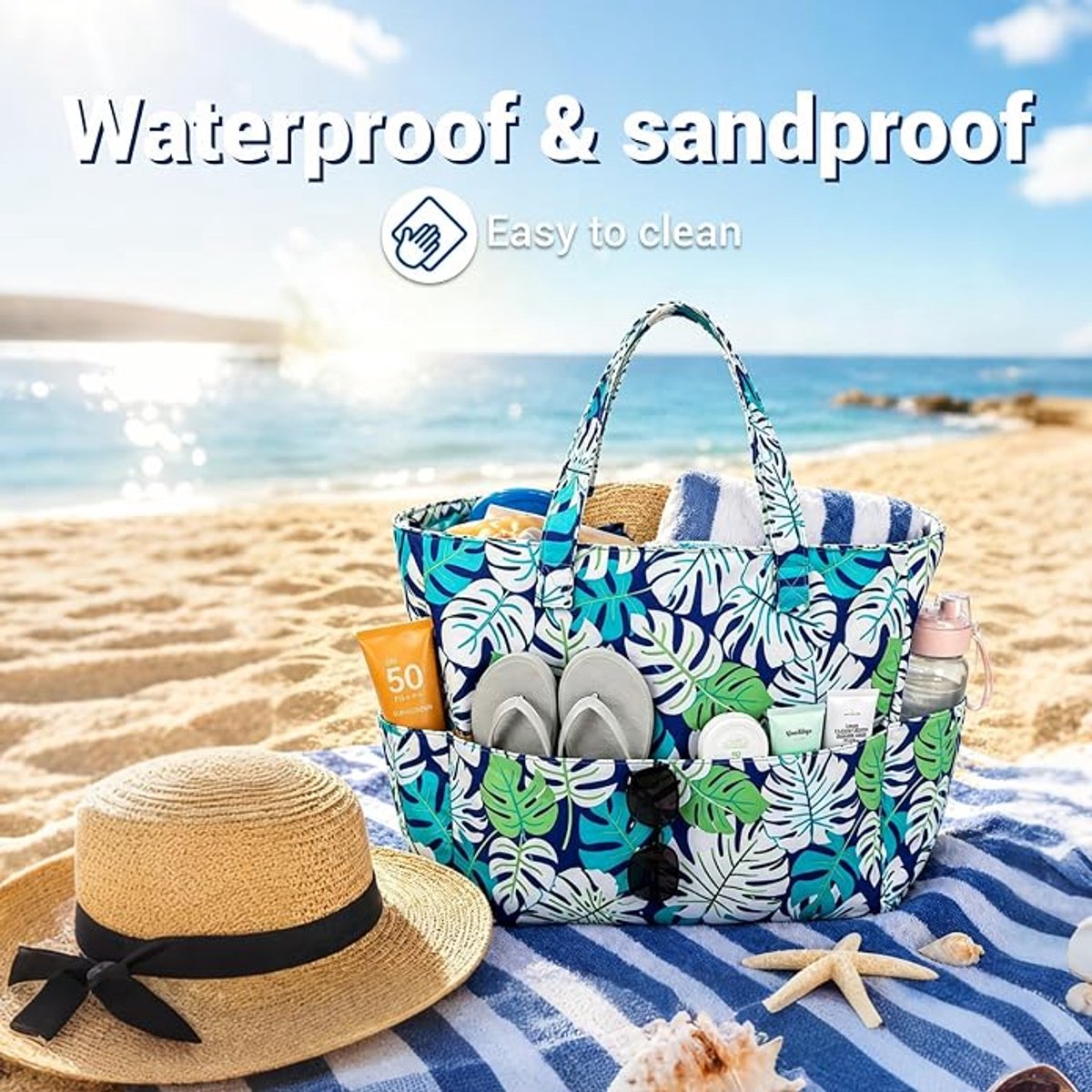 Grote strandtas voor dames – Water- en zandbestendig, ritssluiting, grote inhoud, meerdere vakken – Perfect voor het strand