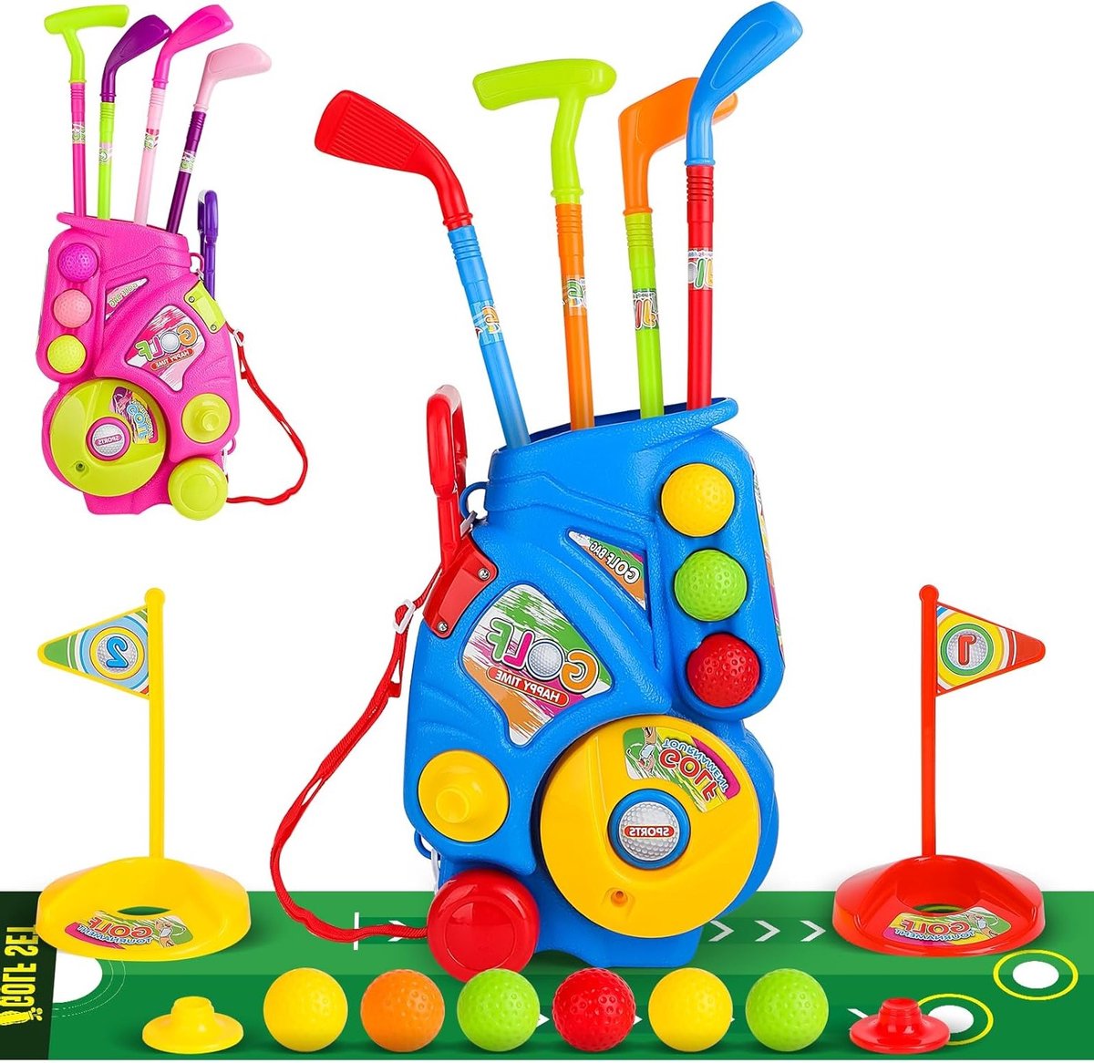 Golf Set voor Kinderen met Putting Mat, 4 Putter, 6 Golfballen en 2 Doelen - Ideaal voor Binnen en Buiten, Verjaardagscadeau voor Jongens en Meisjes van 3 Jaar en Oudere