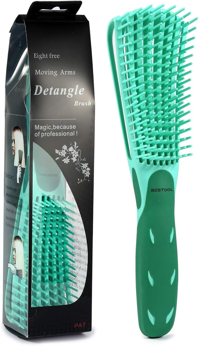 SnelShoppen - Natural Hair Detangling Brush voor Afro Haar 3a tot 4c, Krullend en Golvend Haar, Eenvoudig Ontklitten, Flexibele Armen, Groen, Voor Nat