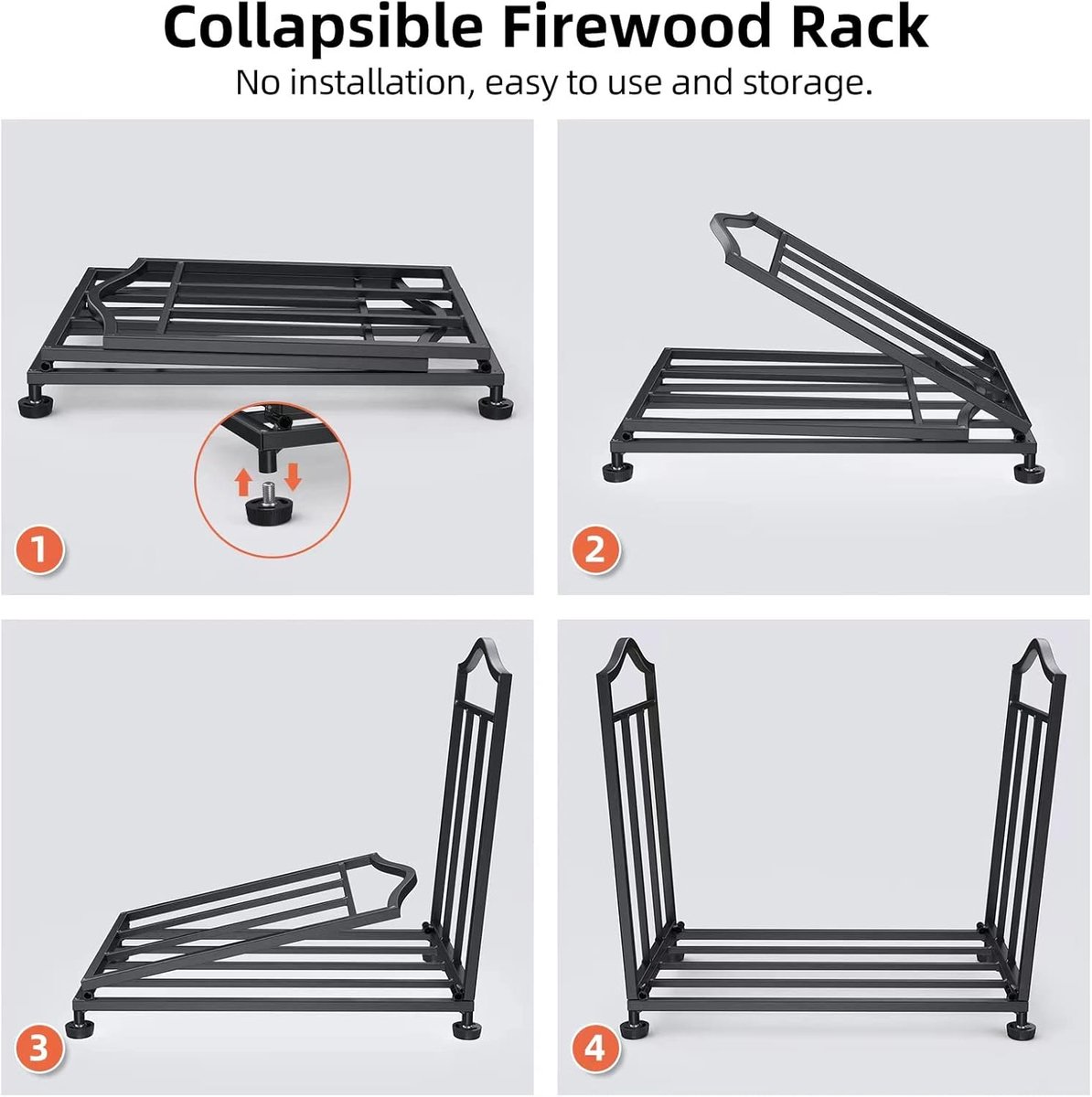 SnelShoppen - Vouwbare Haardhout Houder, Metalen Houtopslag Rack, Hornvormige Stand voor Binnen, Stabiel en Ruim, Zwart 50x28x42.7cm