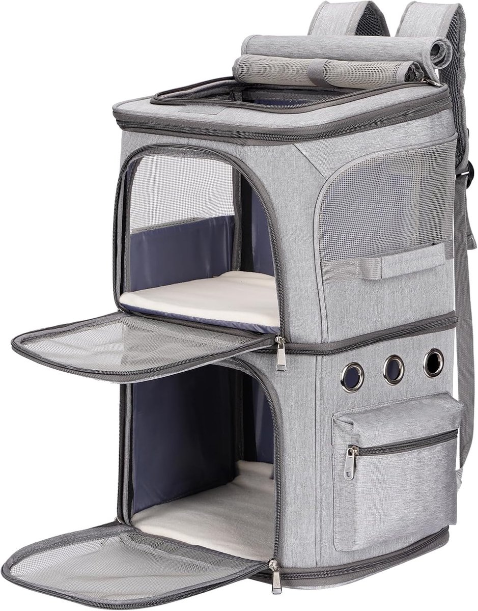SnelShoppen - Double Compartment Backpack Katten Draagtas voor 2 Katten, Kleine Honden, Perfect voor Reizen, Wandelen, Kamperen, Grijs, XL