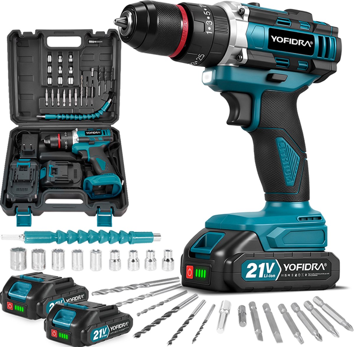 Yofidra Accuboormachine - 60 Nm Schroefboormachine - 21 V Boordriver Kit - met 2x 2.0Ah accu's - Accuschroevendraaier - voor huis en tuin, doe-het-zelf project