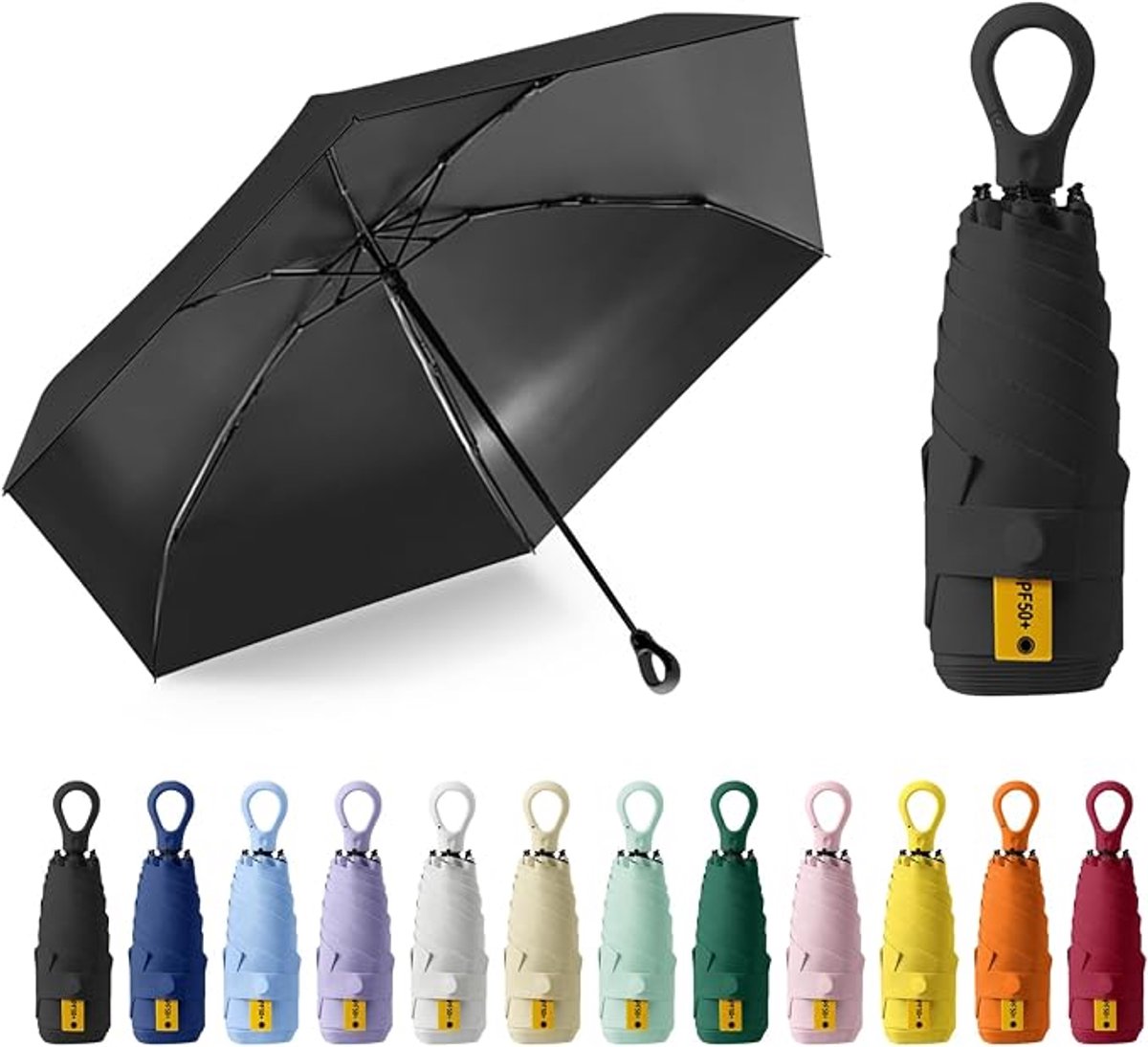 Zonneparaplu, zakparaplu, UPF50+, mini-paraplu met 6 baleinen, ringhandvat en opbergdoosje, geschikt voor zonnige en regenachtige dagen - zwart.