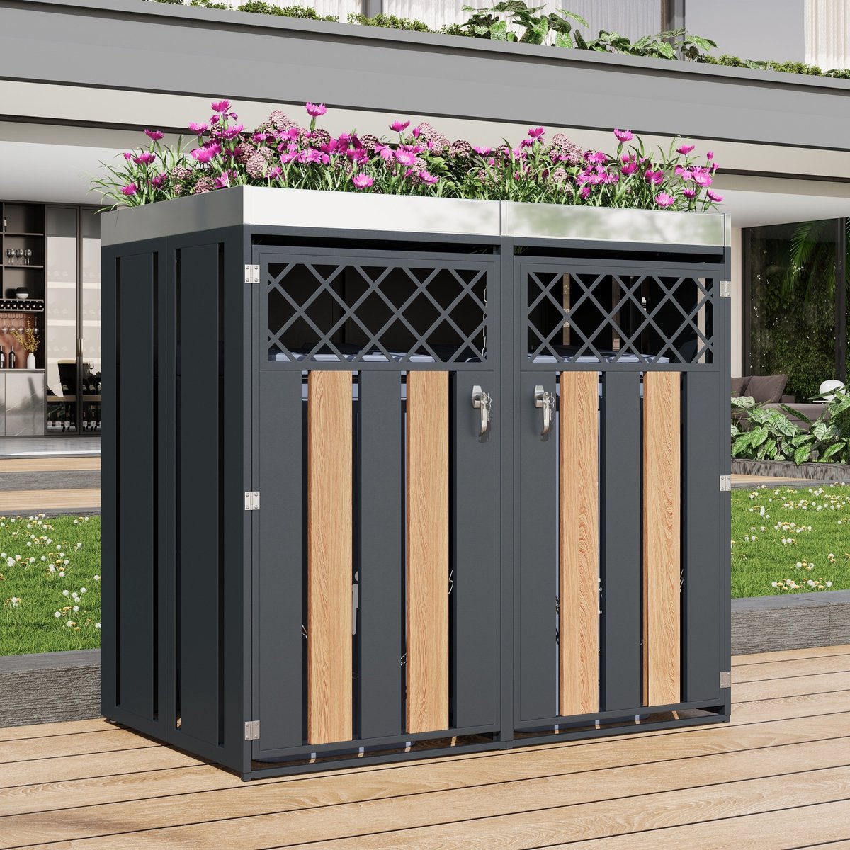 FloraGrace Containerberging – 132 x 80 x 124,5 cm – Afsluitbaar 2-Vaks Ontwerp – Metaal – Grijs en Houtlook – Met Plantenbak