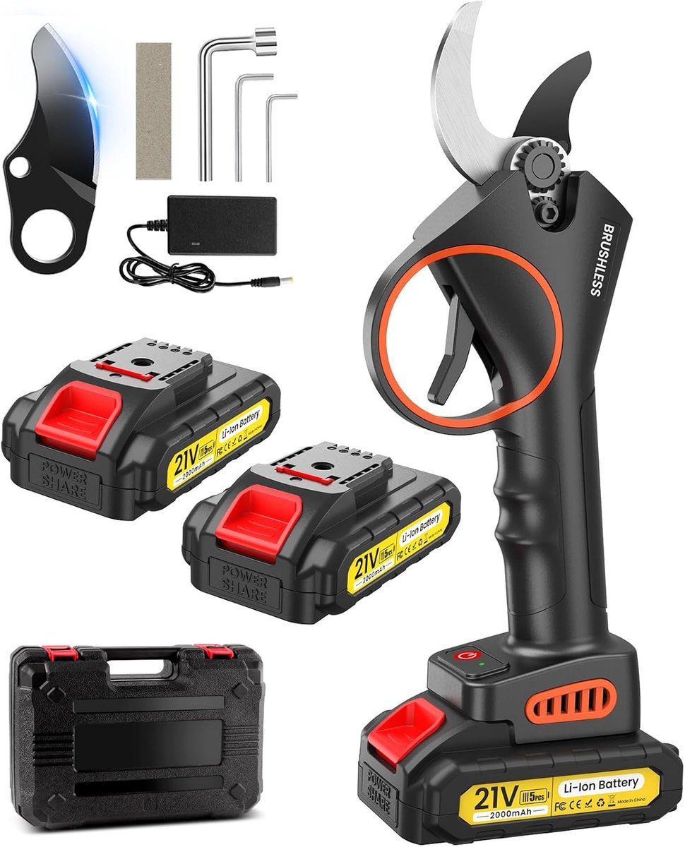SnelShoppen - Elektrische Snoeischaar 33mm, Accu Snoeischaar 21V 2x2Ah, 800W Borstelloze Motor, SK5 Hoogwaardige Staal Blad, Tuin, Boomgaard, Park, La