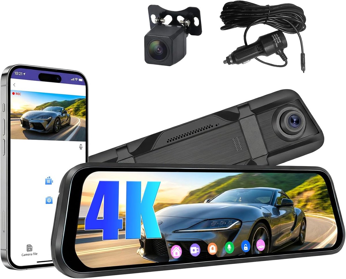 SnelShoppen - 9,66-inch spiegel-dashcam met achteruitrijcamera | 4K + 1080p | 150° groothoek, nachtzicht, WiFi, app-bediening, BSD, LCA