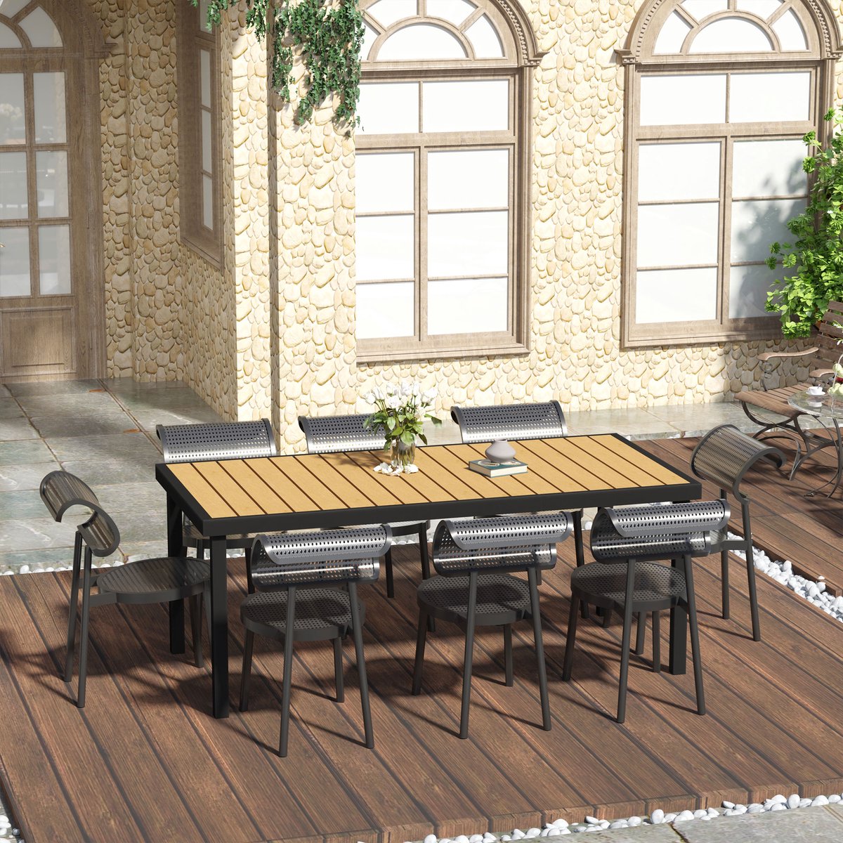 HAUSS SPOLE Tuintafel – 190 x 90 x 74 cm – Eettafel Voor 8 Personen – Aluminium En Kunststof – Natuurkleurig En Zwart – Voor Tuin En Terras
