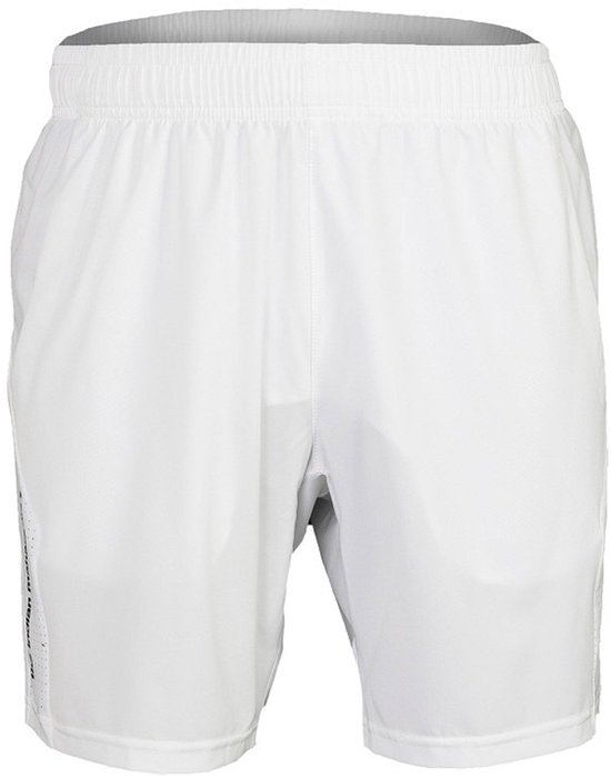 Witte sportshort voor heren, voorkant. Elastische tailleband. Perforaties aan de zijkant.