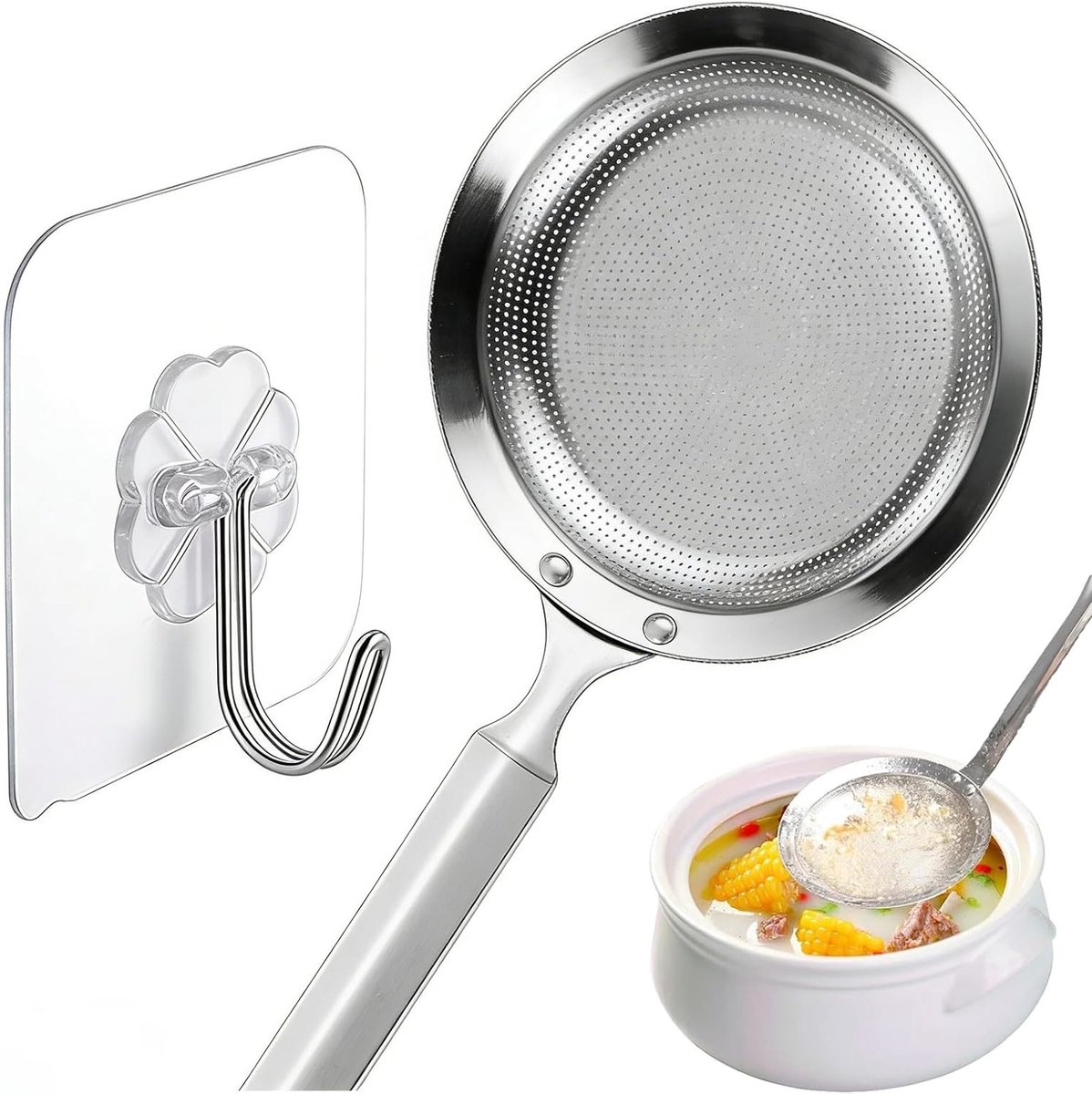 RVS Geperforeerde Lepel met Hechthaken - Extra Sterke Lepel voor Frituren, Stomen en Scheppen - Diameter: 9.5 cm