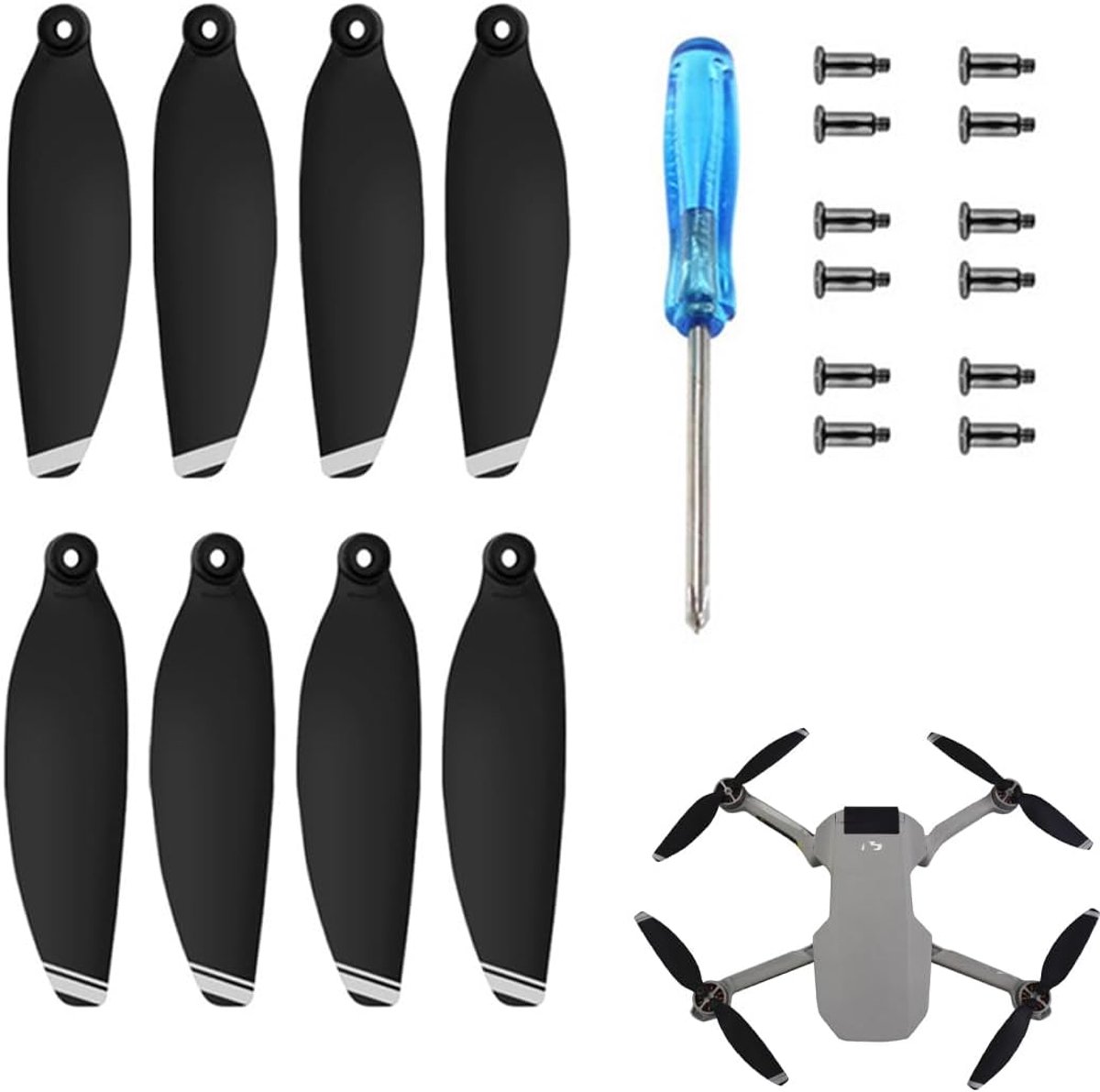 SnelShoppen - 8 Stuks Drone Propellers Set met 12 Schroeven + 1 Schroevendraaier, Stil Vliegende Vervangingsbladen, Interchangeable Blades, Zwart met
