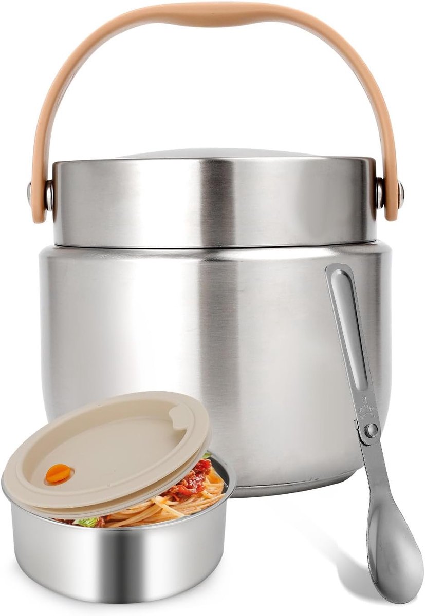 SnelShoppen - 1200ml Geïsoleerde Warmhoudcontainer - Roestvrijstalen Lunchbox met Opvouwbare Lepel - Ideaal voor School, Kantoor, Buiten - Zilver