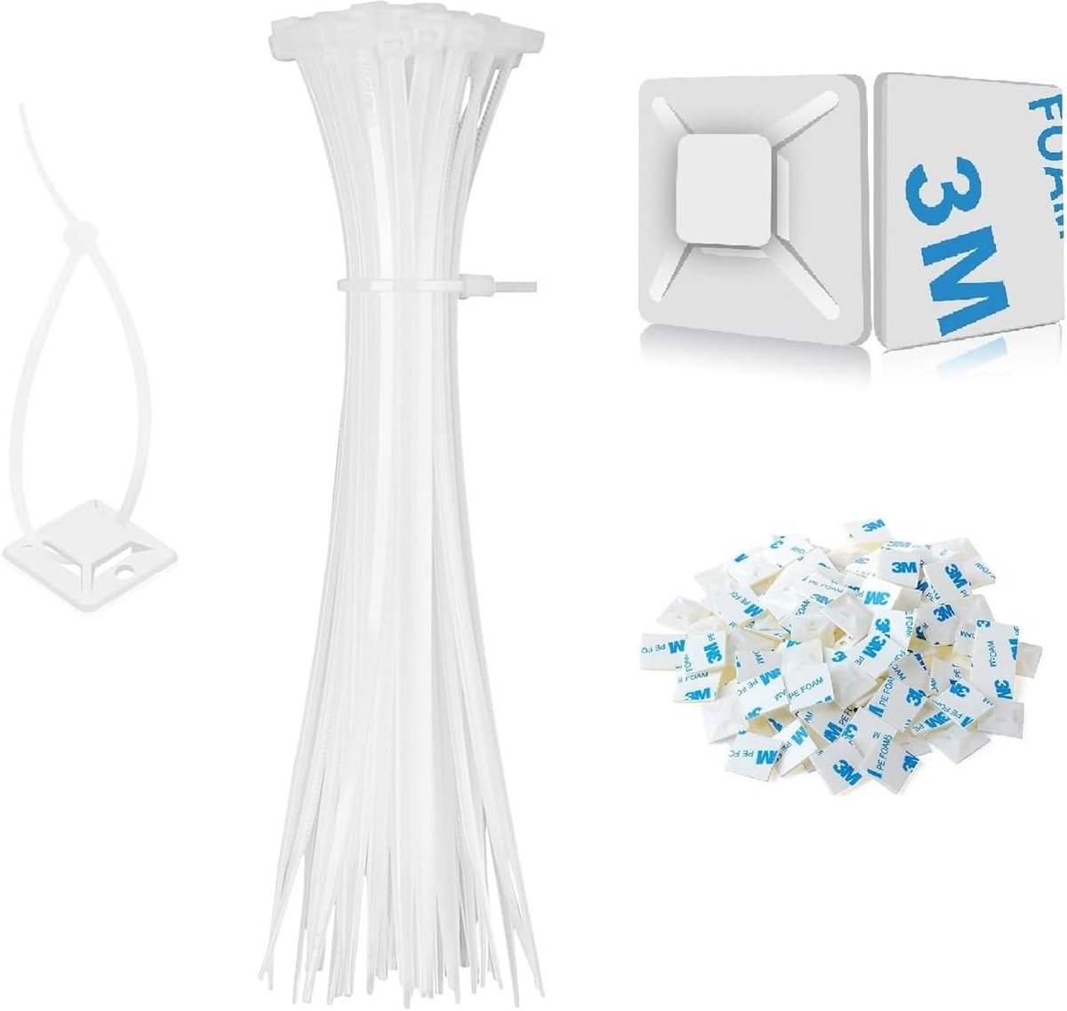 SnelShoppen - 100 Stuks Witte Kabelbinders met 100 Stuks Zelfklevende Bevestigingen, Multifunctionele Nylon Zip Tie Kabelbinders met Basisbeugels, Pla