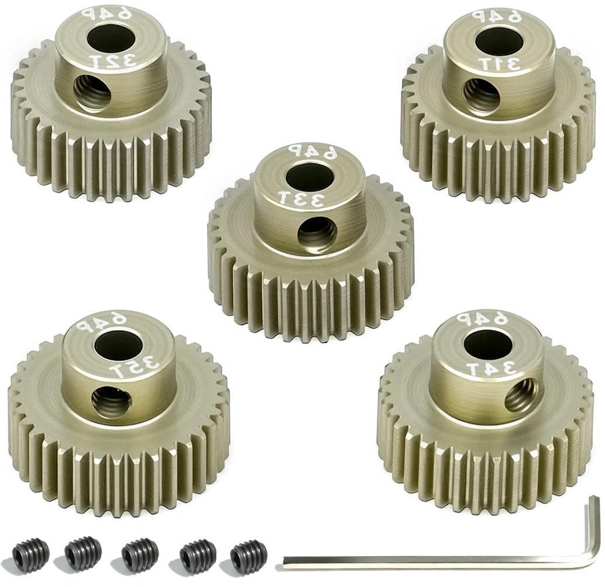 5 stuks 64P tandwielen van aluminiumlegering met M4-schroef en inbussleutel voor 1/10 RC-auto's, 31T 32T 33T 34T 35T, geschikt voor hobby en racing