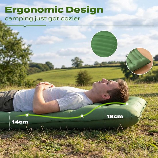 SnelShoppen - Opblaasbaar Camping Slaapmat met Kussen, Waterdicht en Scheurvast 50D Nylon, Enkel Luchtbed met Ingebouwde Voetenpomp, Olijfgroen, 190x6 van Snelshoppen — afbeelding 2