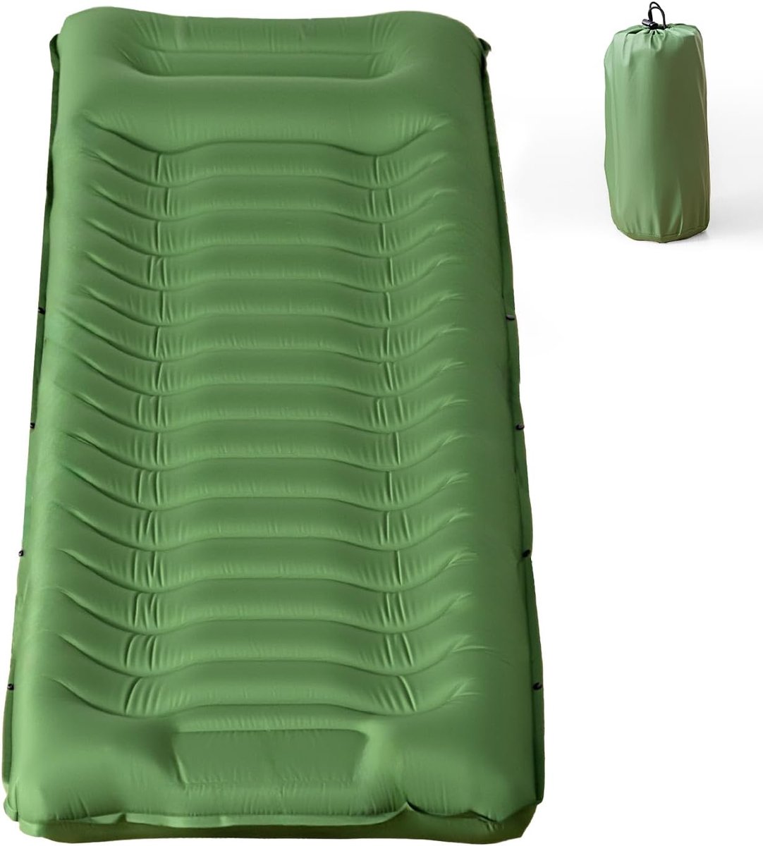SnelShoppen - Opblaasbaar Camping Slaapmat met Kussen, Waterdicht en Scheurvast 50D Nylon, Enkel Luchtbed met Ingebouwde Voetenpomp, Olijfgroen, 190x6