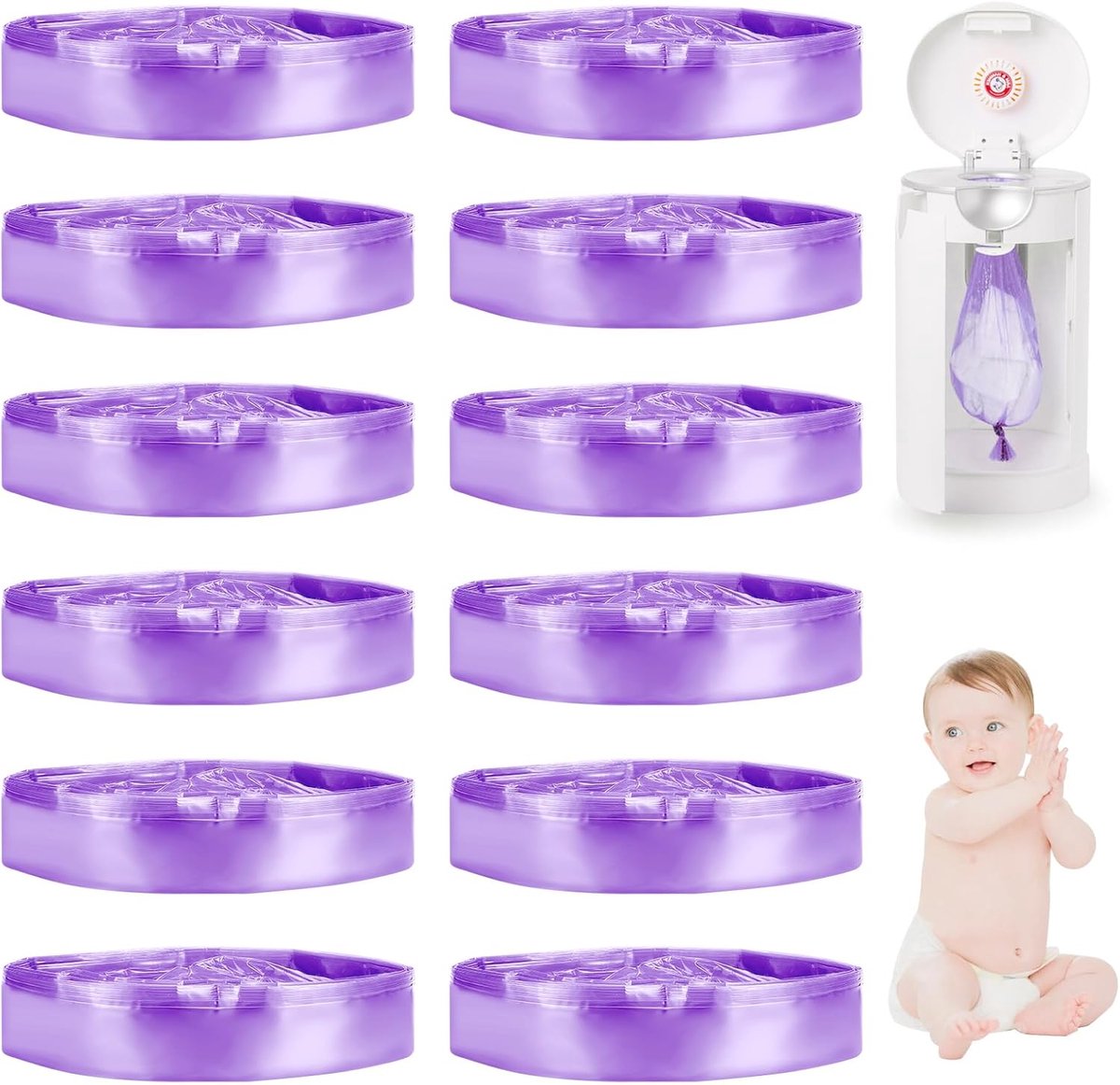 SnelShoppen - 12 Stuks Luierafvalzakken, 4.5 m Navulling, 7-Laags Materiaal, Geurwerende Luierzakken, Paars, Ideaal voor Kinderen en Baby's