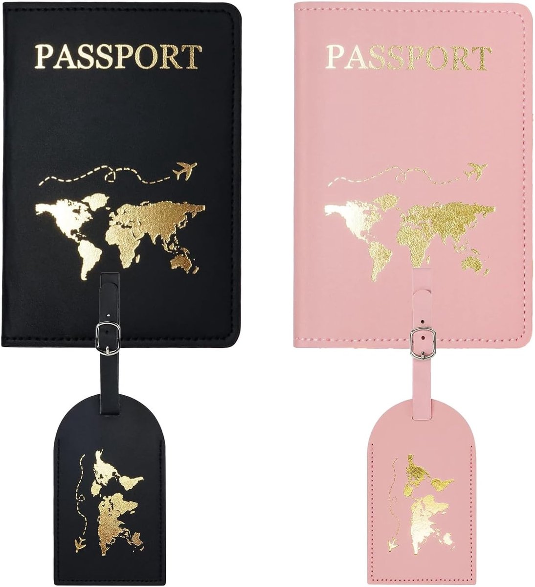 SnelShoppen - 2 Pcs Paspoortcovers & 2 Pcs Kofferslabels Leer Reiskoffer Labels voor Familie Reizen, Compact en Praktisch, Zwart en Roze, 11x14.2cm, 7