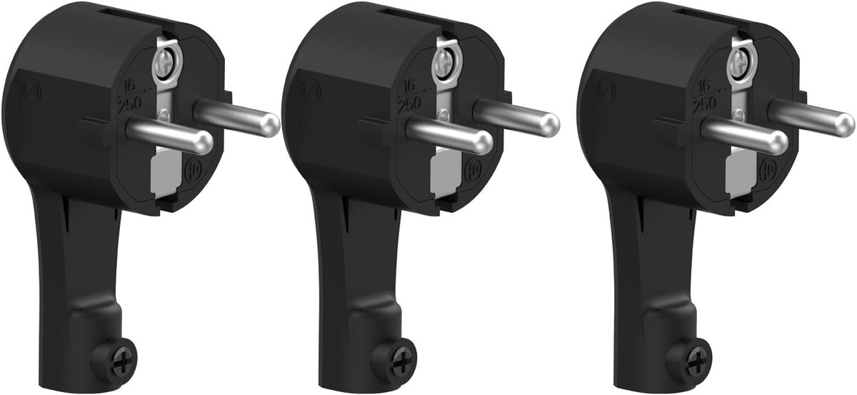 SnelShoppen - Schuko Plug 3 Stuks, Extra Platte 90° Hoek Plug IP20, 250V 16A, Cables tot 1.5 mm², Zwart, Ideaal voor Thuis, Tuin, Camping, Gereedschap