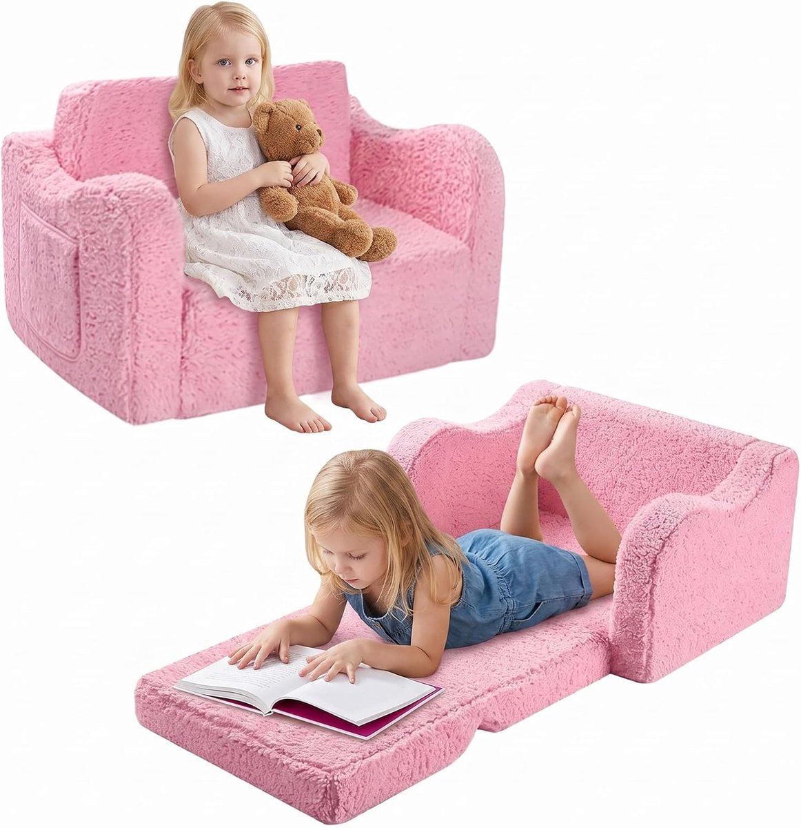 SnelShoppen - 2-in-1 Kinderbank voor Kinderen, Relaxstoel en Mini-bank voor Knuffelhoek, Om te Zetten in Kinderbed of Ligstoel, Uitklapbare Kinderbank
