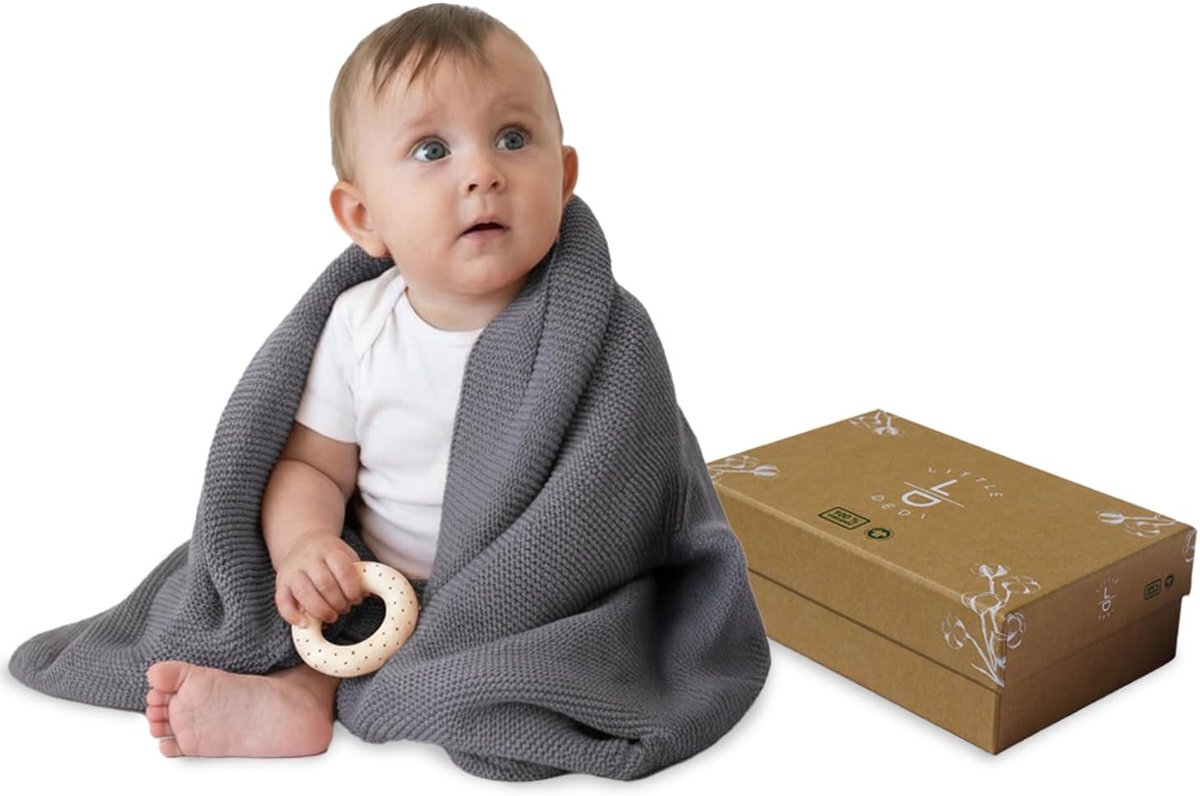 SnelShoppen - Knitted Baby Blanket 100% Organic Cotton GOTS - 80x100 cm - Donkergrijs - Ademend en Temperatuur Reguleren - Elegante Cadeauverpakking v