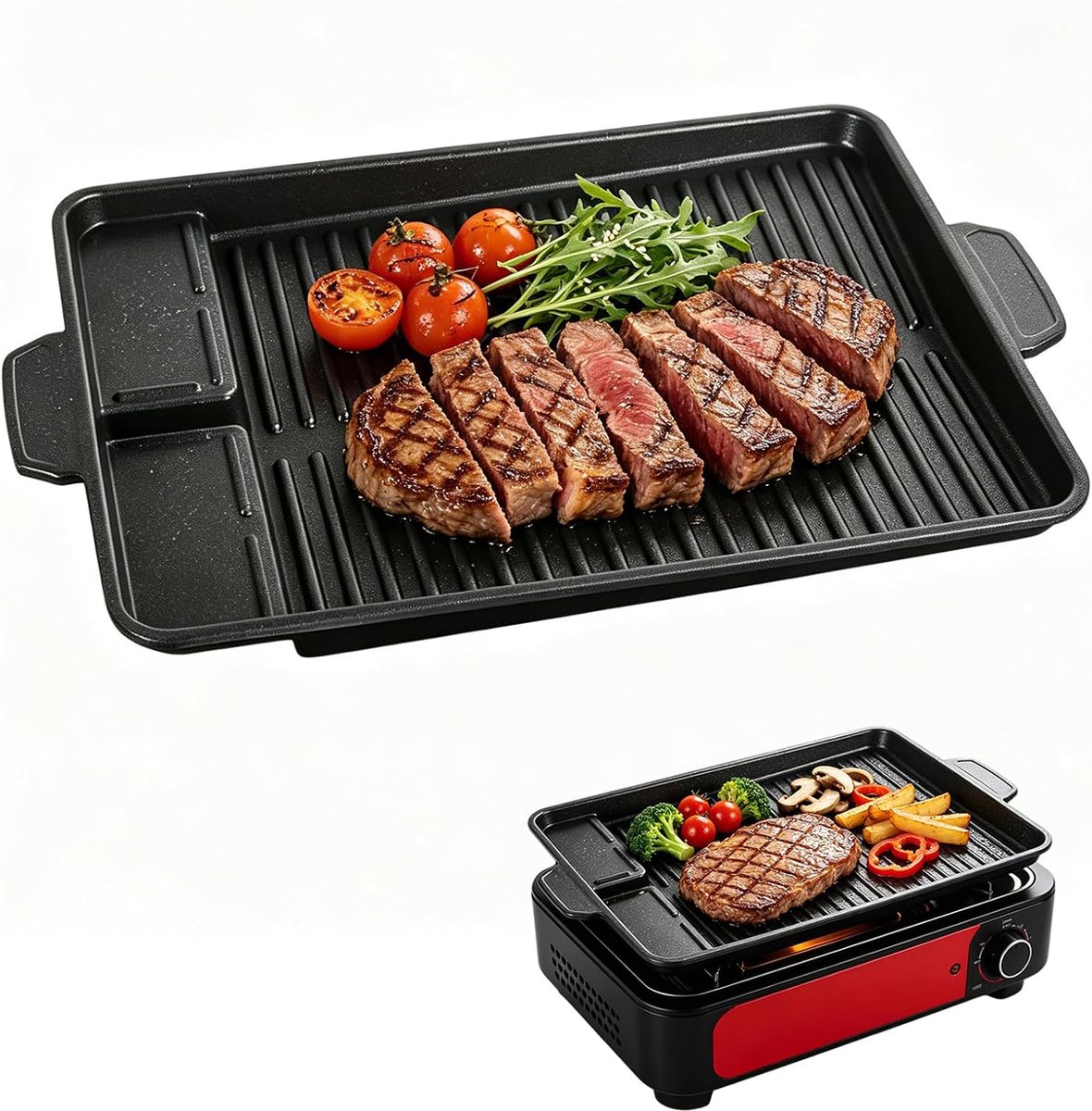 SnelShoppen - Grillplaat voor gasgrill en fornuis 37 x 26 cm, antiaanbak grillpan voor BBQ, inductie, keramiek, vetafvoer, camping en keuken