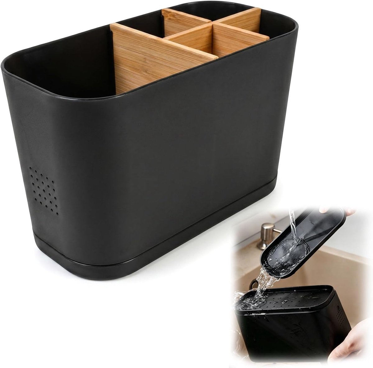 SnelShoppen - Tandenborstelhouder Groot Zwart met Afvoergat - 5 Vakken Badkamerorganizer met Bamboe Scheidingswanden - Ideaal voor Gezin - 18x9x11 cm
