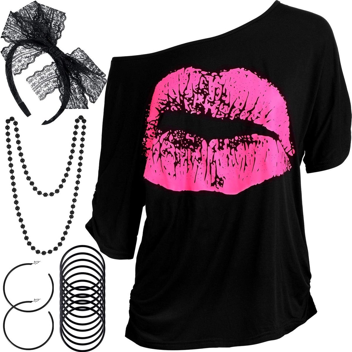 80s Kostuum Accessoires Set voor Dames, T-shirt met Lippenprint, Leren Hoofdband, Oorbellen en Armband voor Themafeesten en Retro Stijl