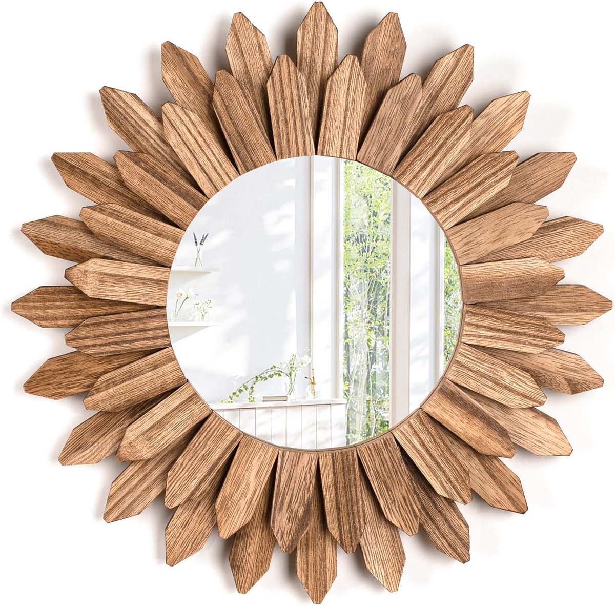 SnelShoppen - Boho Wandspiegel 30.5 cm - Ronde Houten Spiegel - Vintage Bruin - Decoratie voor Slaapkamer en Woonkamer - Perfecte Cadeau Ideeën