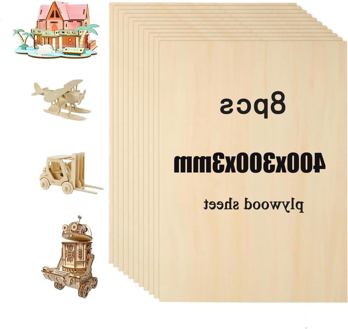 Plywood 3 mm voor Laser Cutting en Modelling, 40 x 30 cm, Dunne Platen, Verf en Creatief Gebruik, Verpakking van 8 Stuks