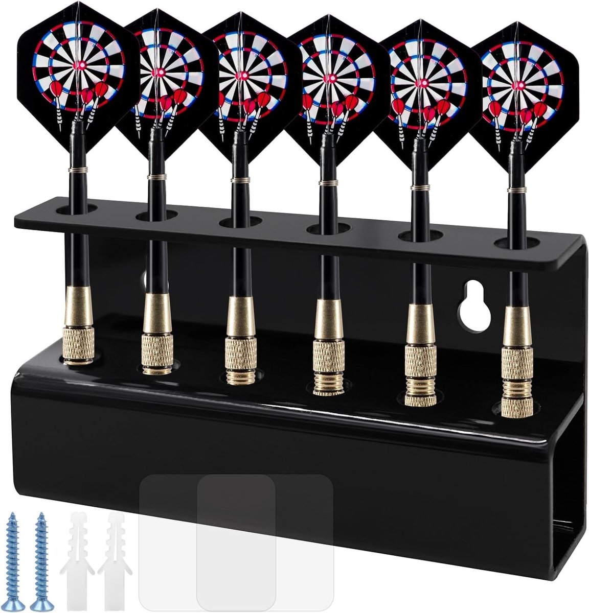 Wandmontage voor darts, 6 houders, zelfklevend of schroefbevestiging, ideaal dartaccessoire voor game room, bar en thuisgebruik, duurzaam en praktisch