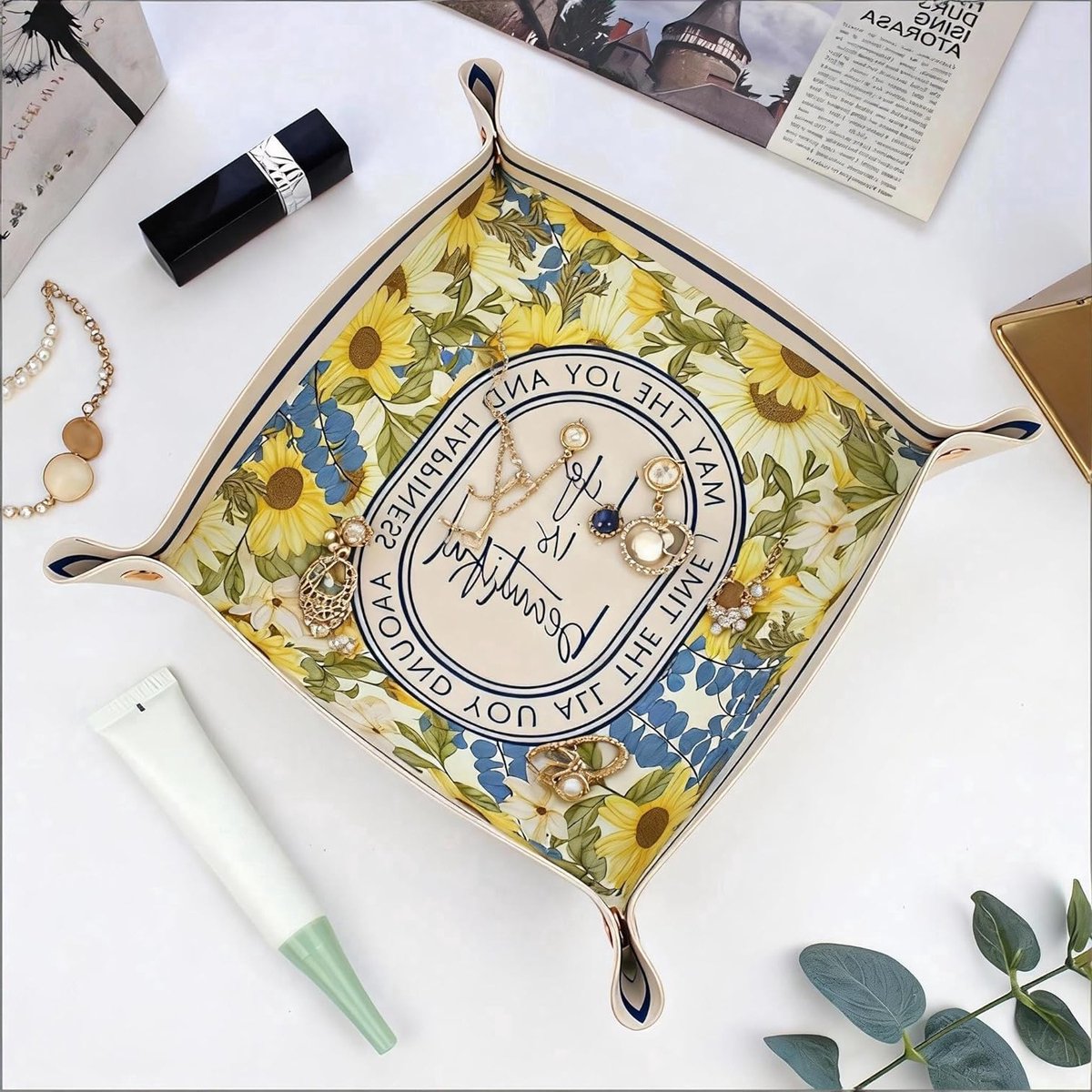 Moderne opslagtray voor sleutels, munten en sieraden met compartimenten en knoopsluiting - Set van 2