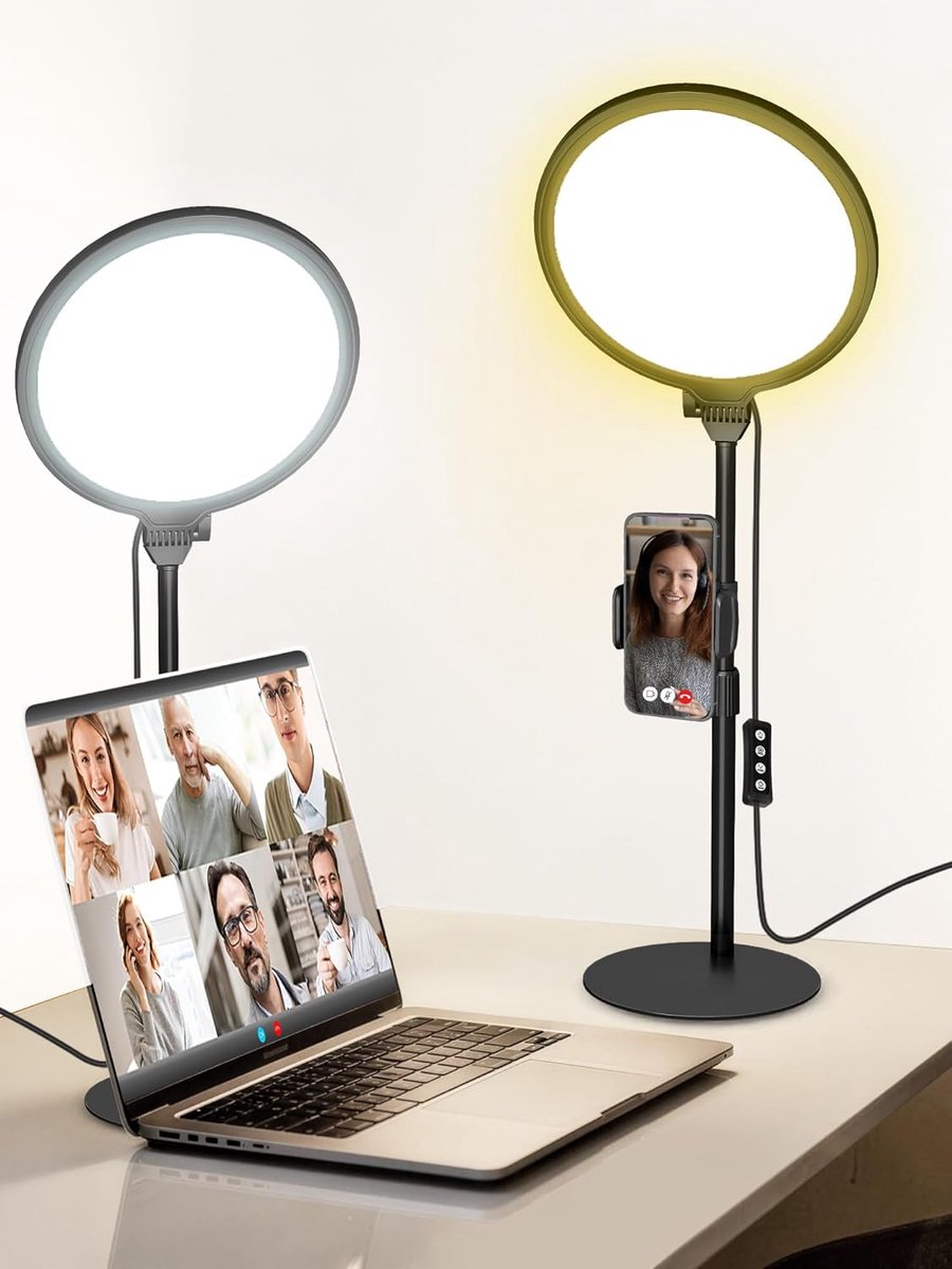 SnelShoppen - 10 Inch Dimbare Conferentie Bureau Selfie Lamp - 10W Ringlicht met Statief en Telefoonhouder voor Zoom Vergaderingen - Ideaal voor Lapto