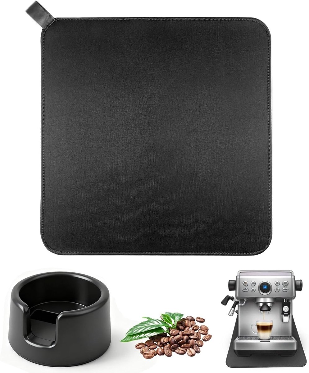 Koffiemaker Pad 33 x 32 cm Bar Mat in Zwart voor Koffiemachines en Koffiemolens Inclusief Siliconen Tamping Station