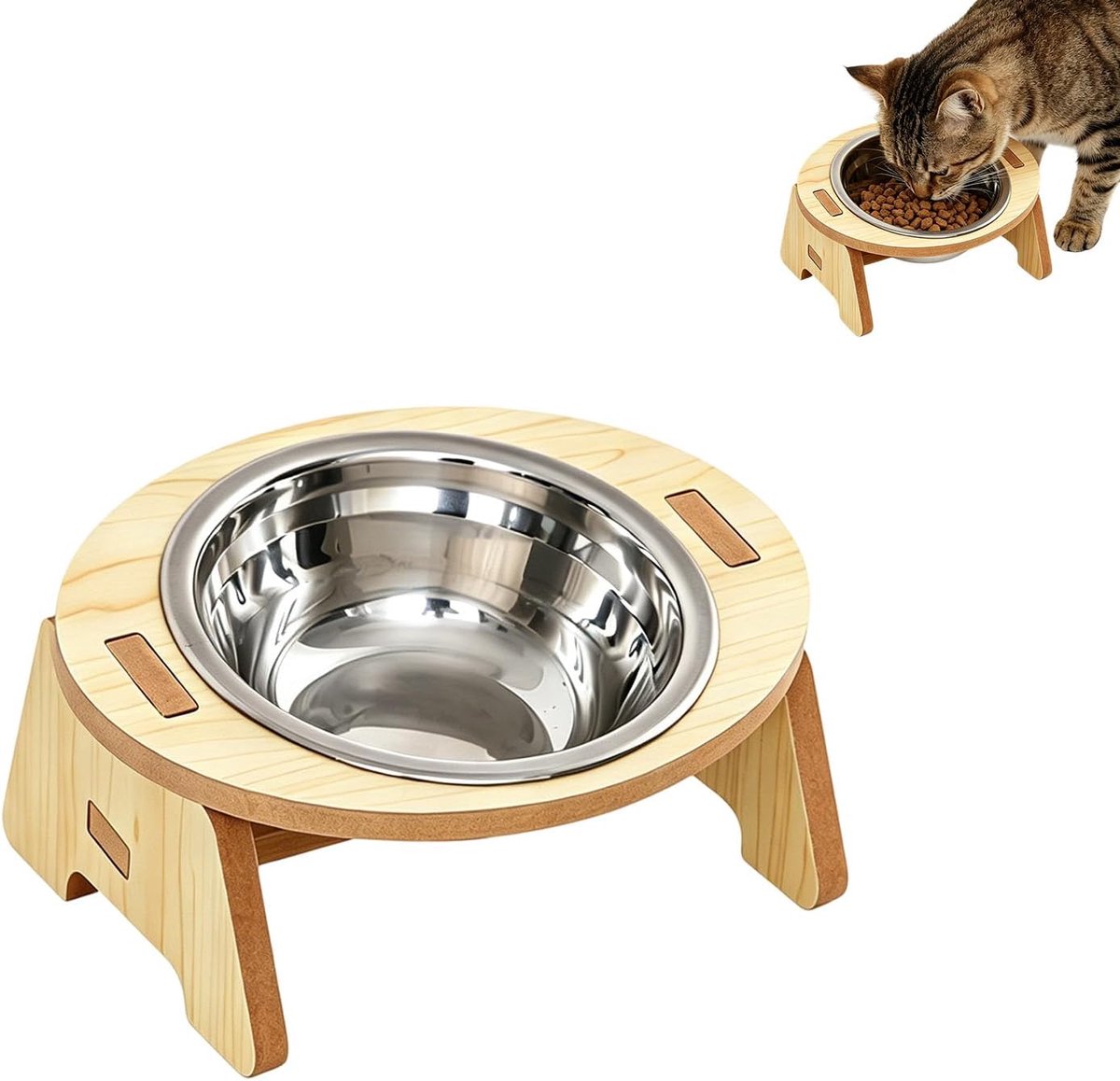 SnelShoppen - Verhoogde Voerbak voor Honden en Katten - 14 cm Roestvrijstalen Kom met Houten Standaard - Ergonomische en Hygiënische Voerbak voor Klei