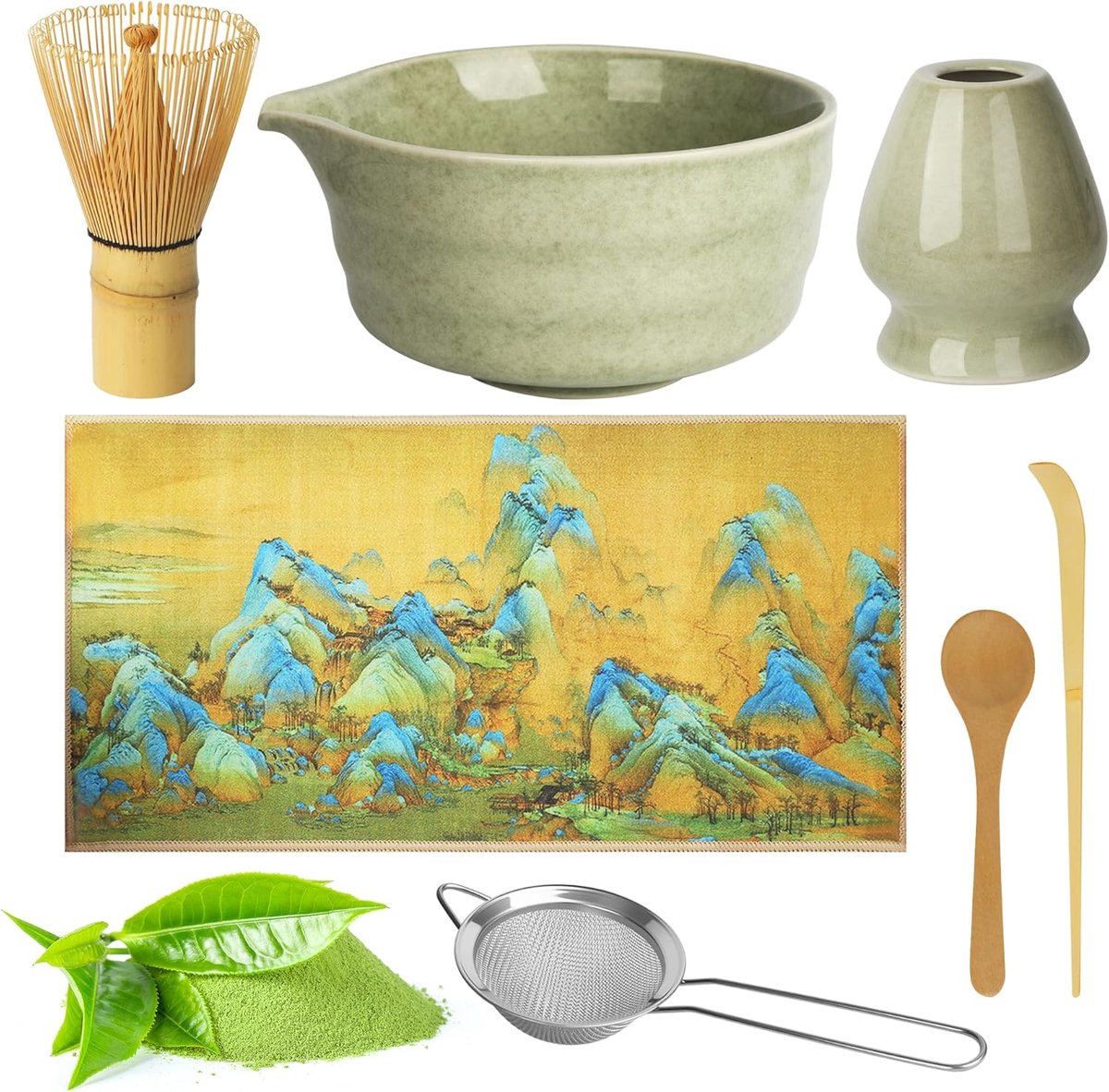 SnelShoppen - 7-delige Matcha Set met Matcha Kom, Beschermer, Klopper, Lepel, Theedoek en Zeef - Complete Set voor Theeliefhebbers en Beginners in de