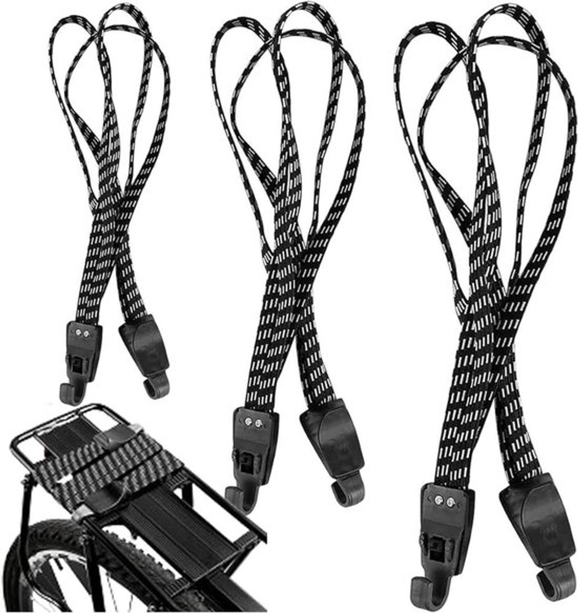 Set van 3 elastische spanbanden voor bagagerek - verstelbaar en met haak - ideaal voor bagage, motor en fiets - lengte 70-123 cm