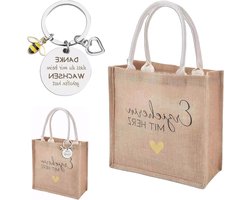 Geweven Gele Jute Tas met Bij Sleutelhanger – 30x30cm – Ideaal Cadeau voor Leraren, Educators en Feestdagen, Duurzaam en Handig