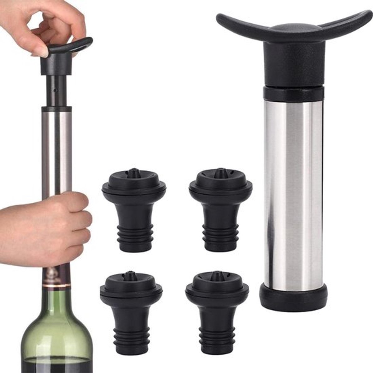 Wijnschenktuit en vacuümpomp set met herbruikbare doppen voor wijn - Roestvrij staal, 2-in-1 accessoires zwart