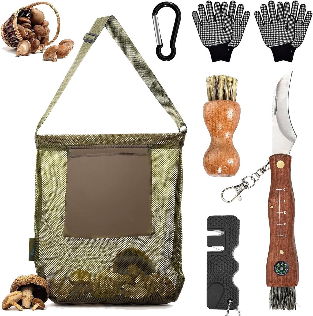 Mushroommes met Borstel en Liniaal, RVS Truffelmes, Paddenstoelenmes Set voor Buiten, Kamperen en Overleven