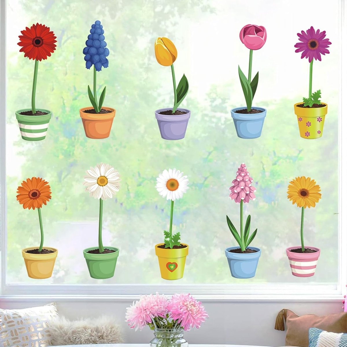 Bloemenraamstickers voor vensters, planten en bloemen decoratie, muurstickers voor woonkamer en slaapkamer, lente en zomer sfeer