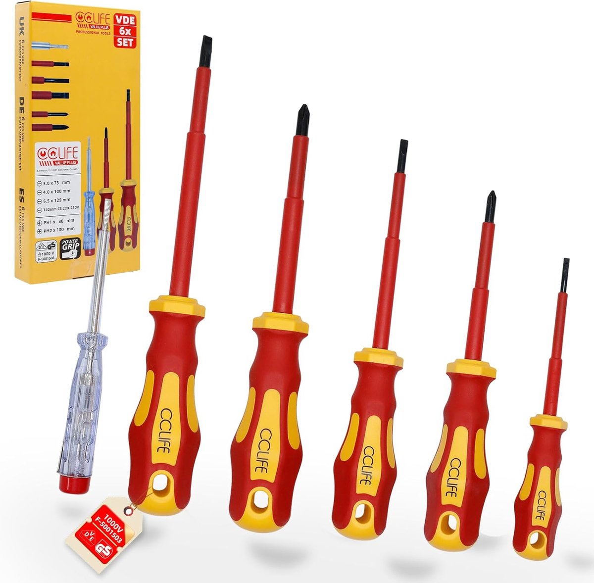 SnelShoppen - 6-delige VDE schroevendraaierset 1000 V geïsoleerd met voltage tester, sleuf- en kruiskop PH1/PH2, antislip handgreep, ideaal voor elekt