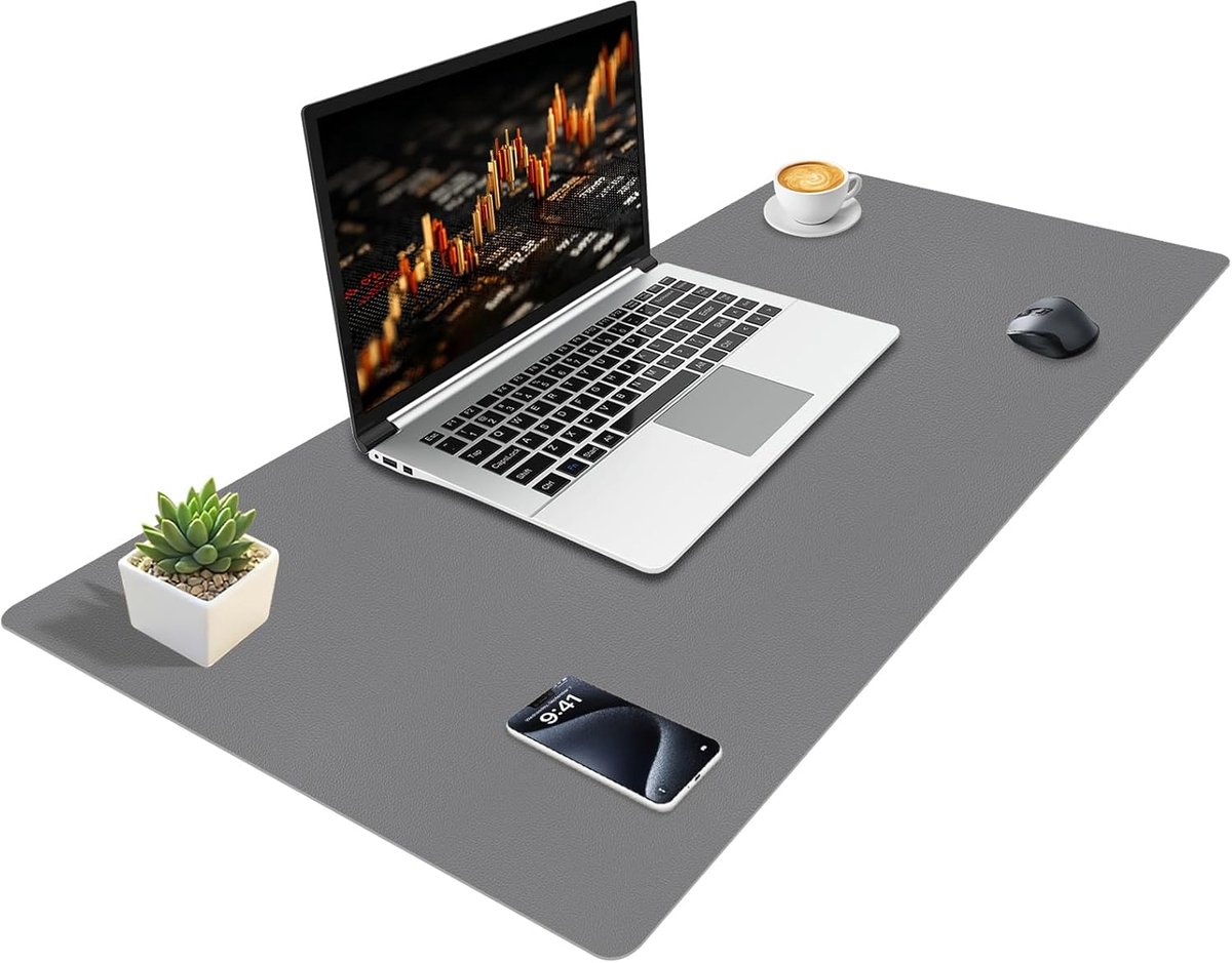SnelShoppen - XXL Desk Mat Leer 100x40cm Donkergrijs - Niet-slip PU Leren Bureau Mat - Waterdichte Muismat voor Kantoor, Thuis, Laptop - Perfect voor