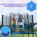 Drie meisjes springen op een trampoline met een blauw hexagonvormig zonnescherm. Detailweergave van het zonnescherm met een rond gat.