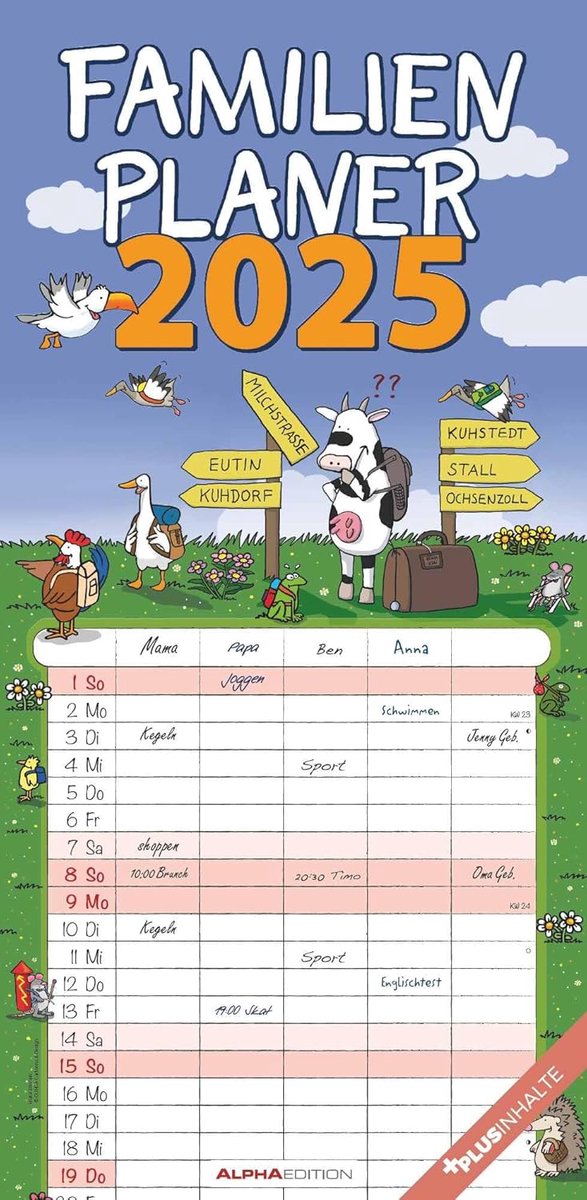 SnelShoppen - Familienkalender Happy 2025 - 22x45 cm - 5 Spalten - Ferientermine - 100-jähriger Kalender - Illustrationen - Duits Kalendarium - Perfec