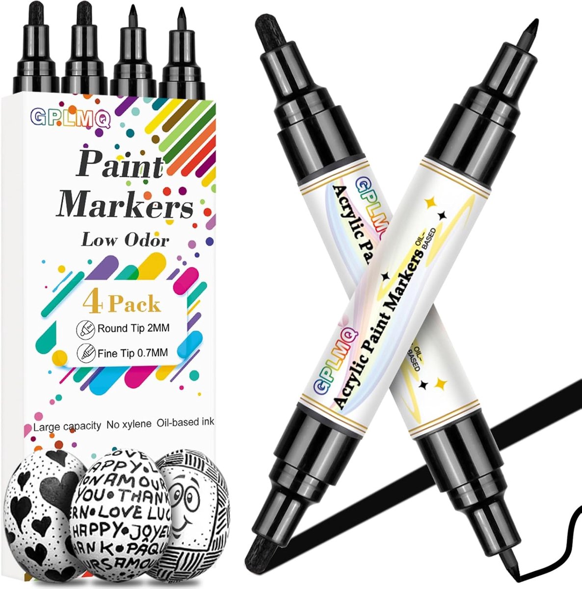 SnelShoppen - Zwarte Verf Markers - 4 Stuks Acryl Verf Pennen met Dubbelpunt (0.7mm en 3mm) - Niet-Toxisch Waterbasis Markers voor Kunst, Steen, Keram