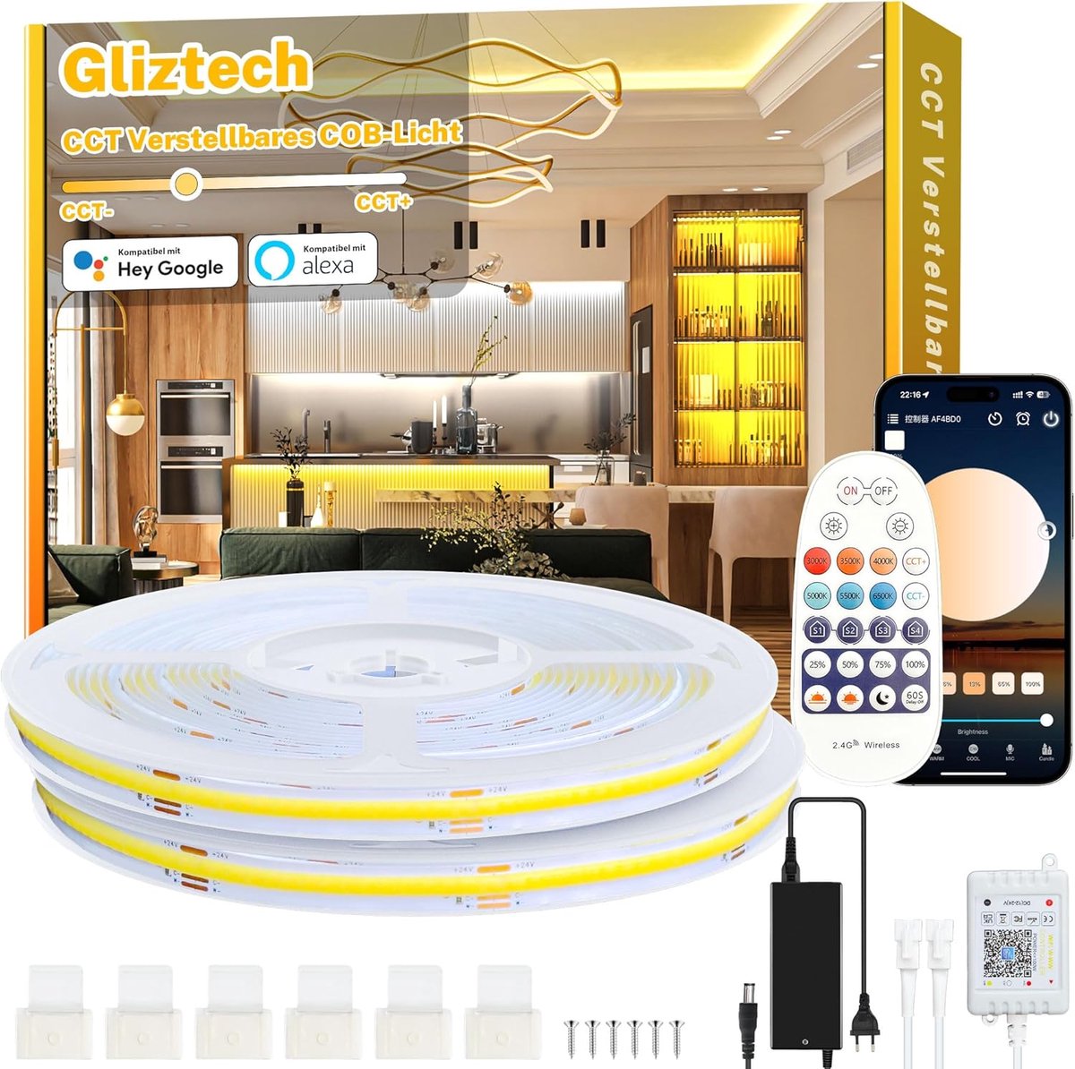 SnelShoppen - Cob Ledstrip 20 m Warm Wit, Dimbaar, Compatibel met Alexa, 3000 K tot 6500 K, Ultrahelder, Onderbouwlamp met Afstandsbediening en App vo