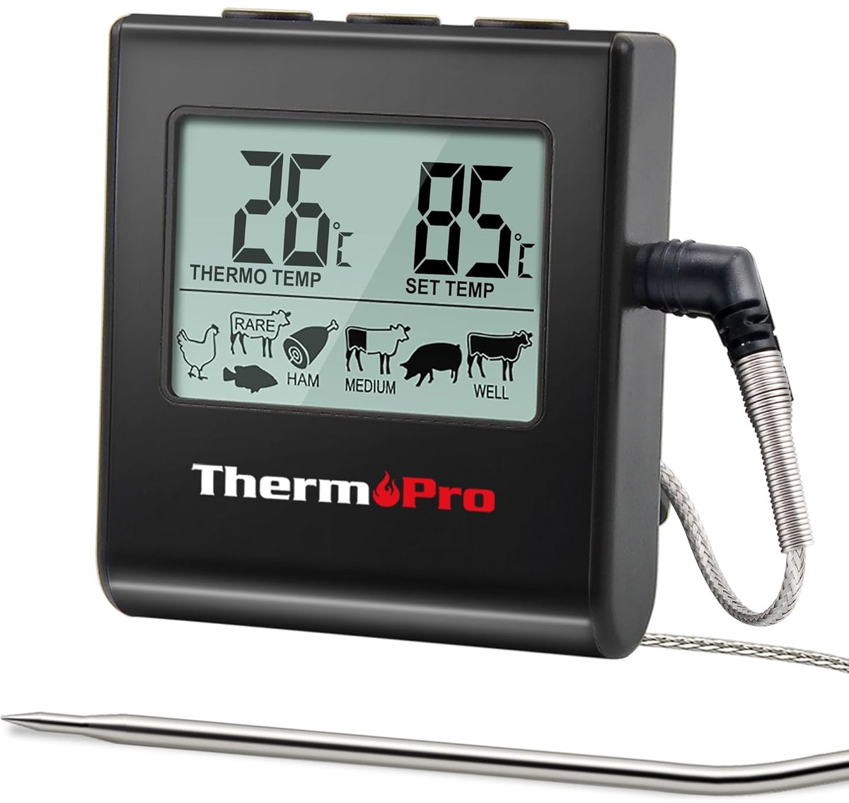 SnelShoppen - ThermoPro TP16 Vleesthermometer Digitale Grillthermometer met Timer, Roestvrijstalen Sonde, Ideaal voor BBQ, Grill, Roker en Oven, Zwart